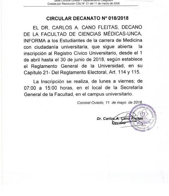 CIRCULARES DECANATO Nº 17, 18 Y 19/ 2018 SOBRE PERIODO VIGENTE PARA INSCRIPCIÓN A REGISTRO CÍVICO.