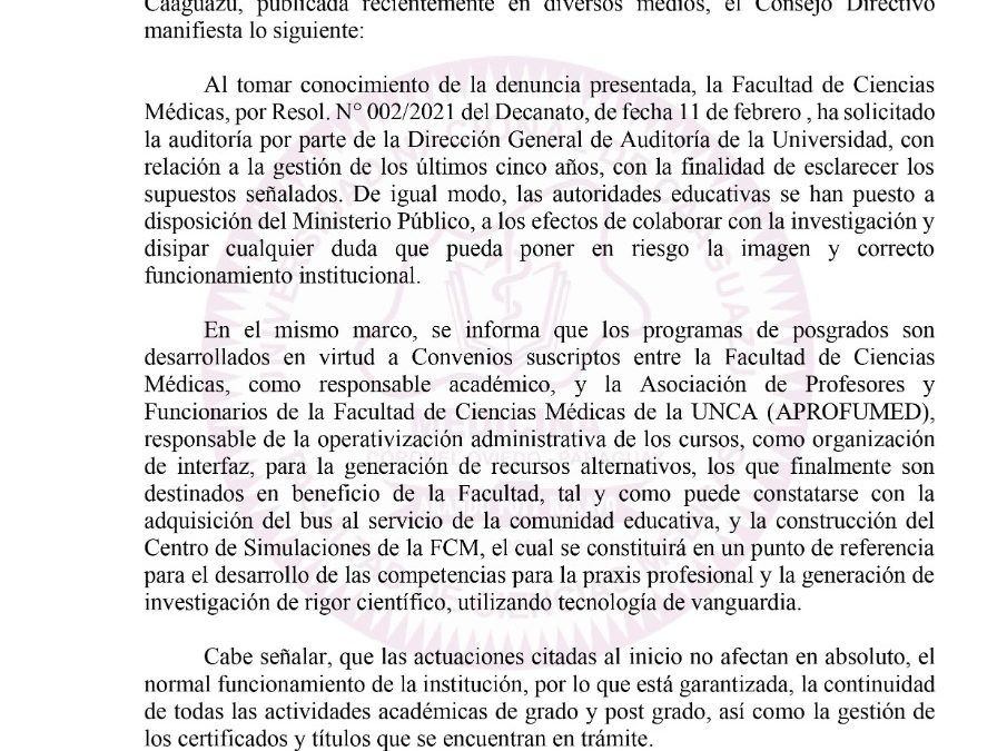 El Consejo Directivo de la Facultad de Ciencias Medicas-UNCA comunica :